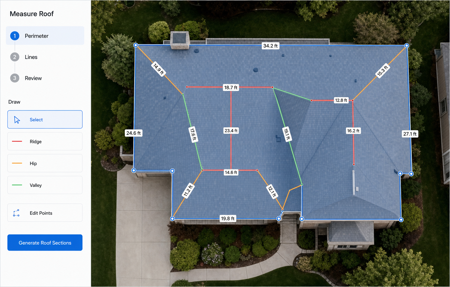 Roof measurement in progress on aerial imagery